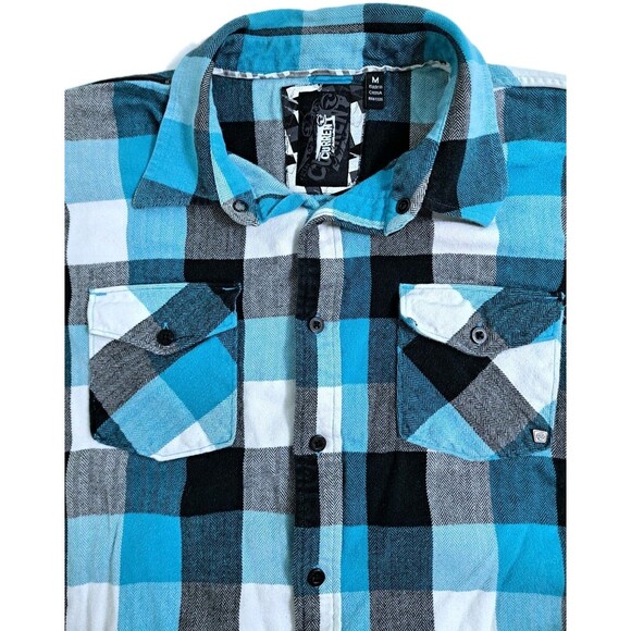 Ocean Current Mens Medium Flannel Shirt Lumberjack Blue Black White Check Plaid - Picture 2 of 9